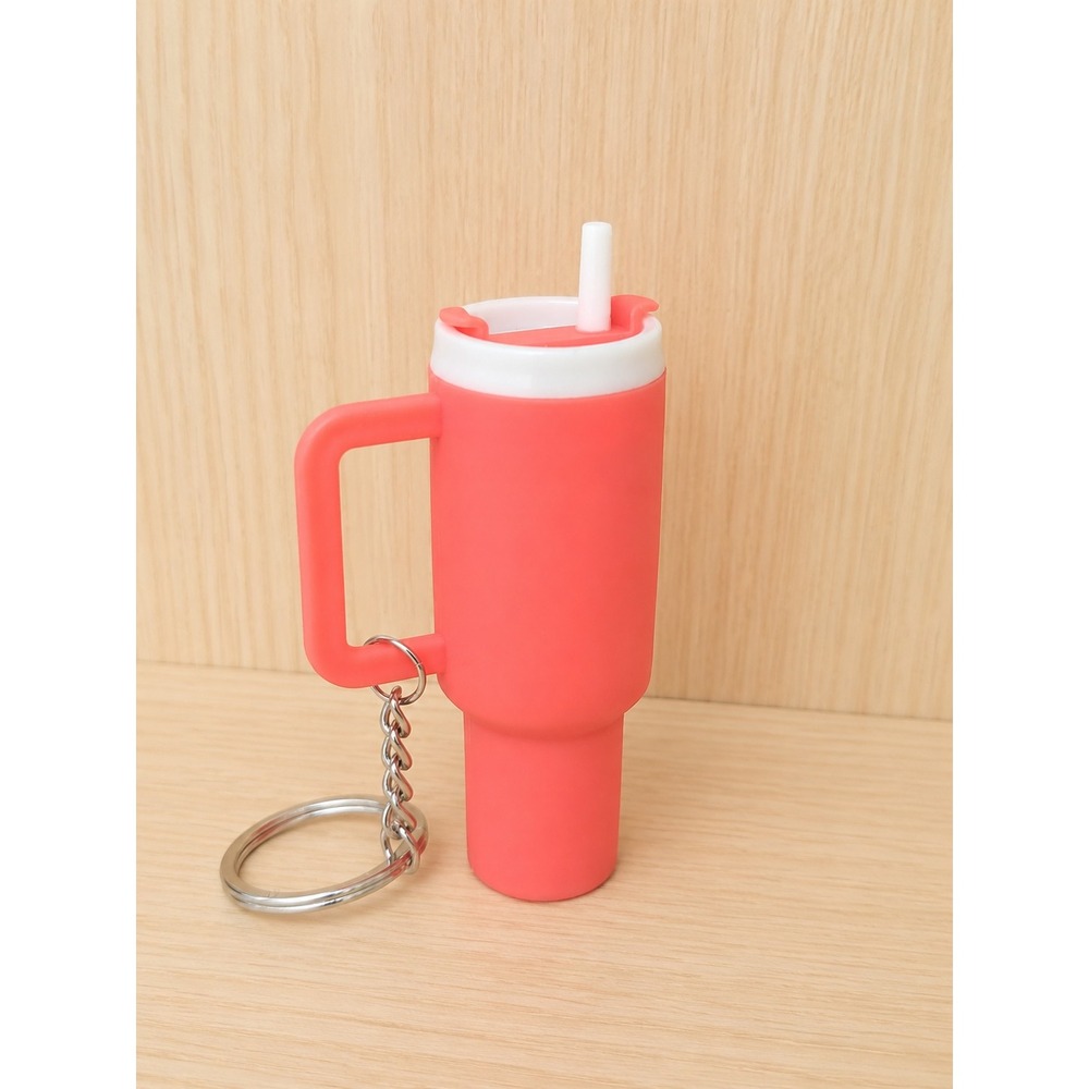 Mini Tumbler Keychain Coral Pink Lip Balm Holder Cup Keychain with Lid and Straw